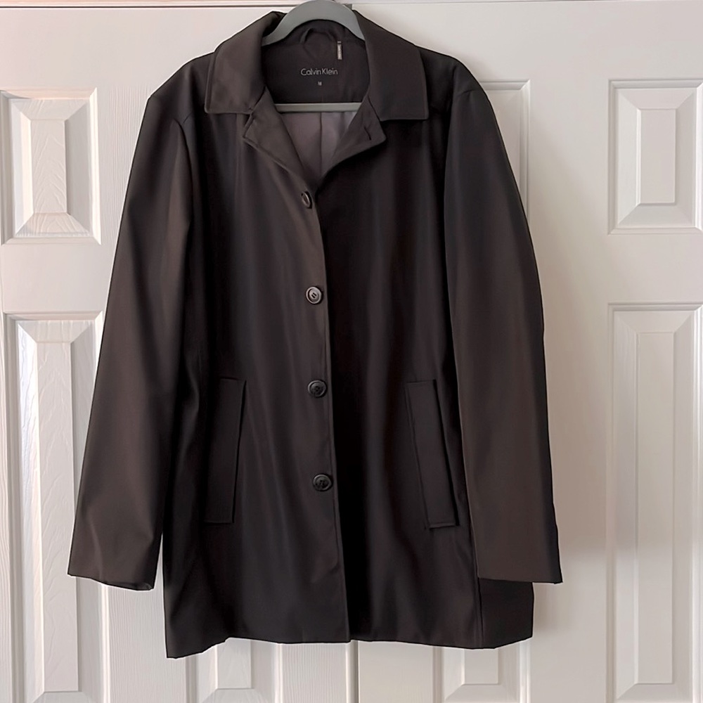 Calvin Klein Black Raincoat, Dressy, Mens M, Lining, inside and out pockets
